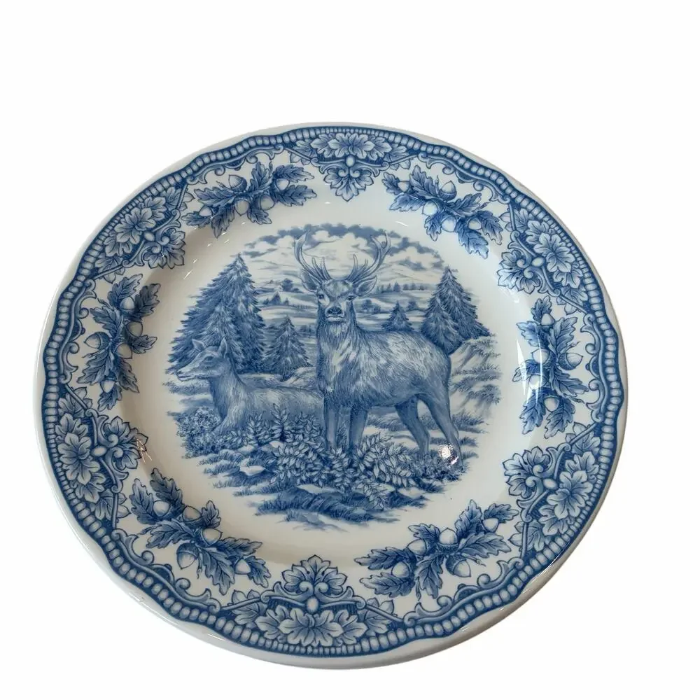 Royal Stafford Homeland STAG Dinner Plates 11in Set of 4 Blue Thanksgiving NEW